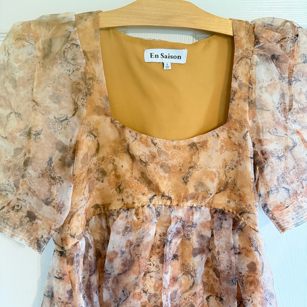En Saison Floral Babydoll Mini Dress Puff Sleeve Cottagecore Romantic Size S - Picture 3 of 11